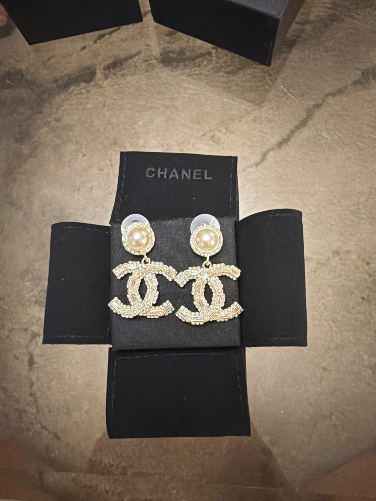 AUTH CHANEL Dark Silver Crystal Pearl Double CC Dangle Earrings