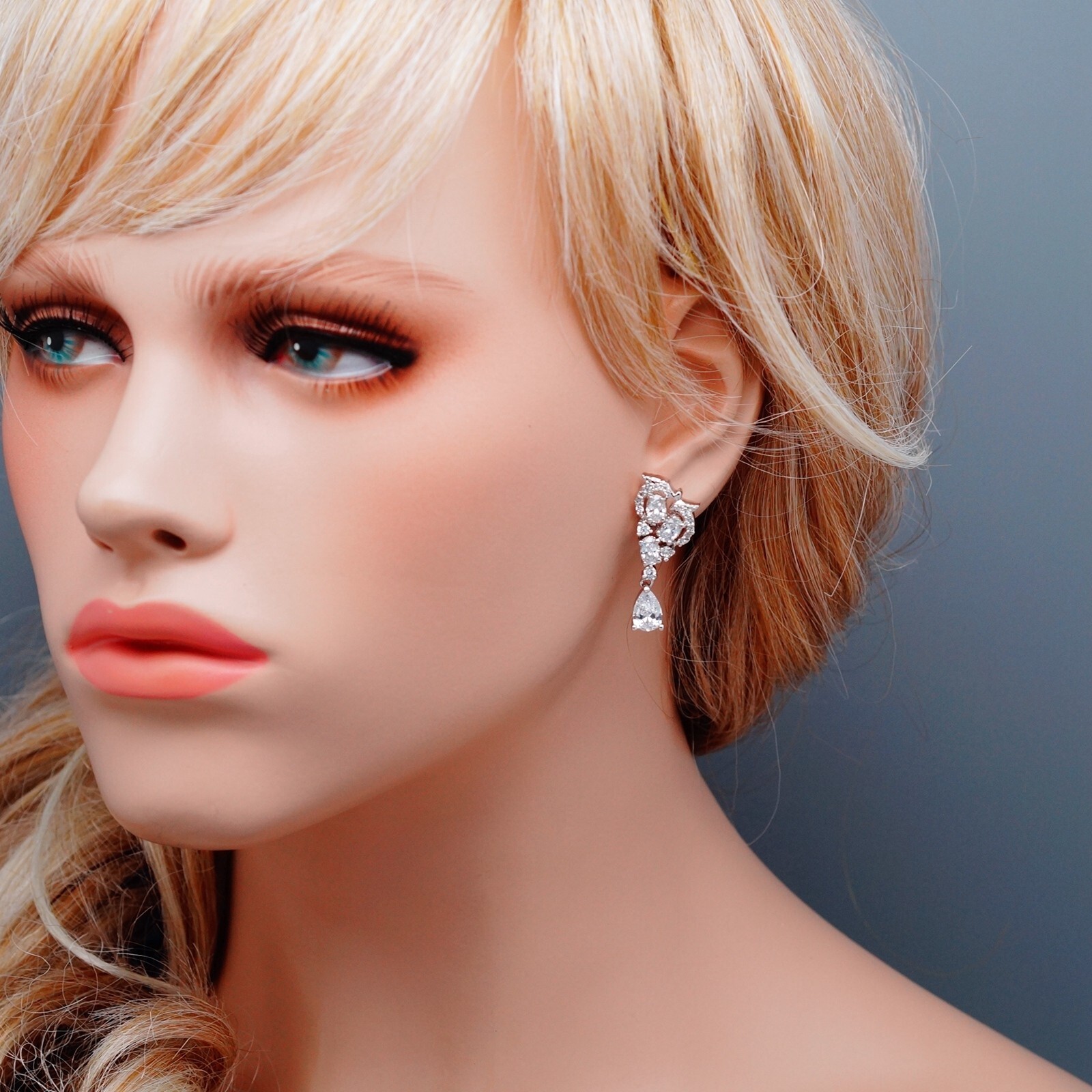 Women White Gold Plated Clear Cubic Zirconia Wedding Teardrop Dangle earrings 45