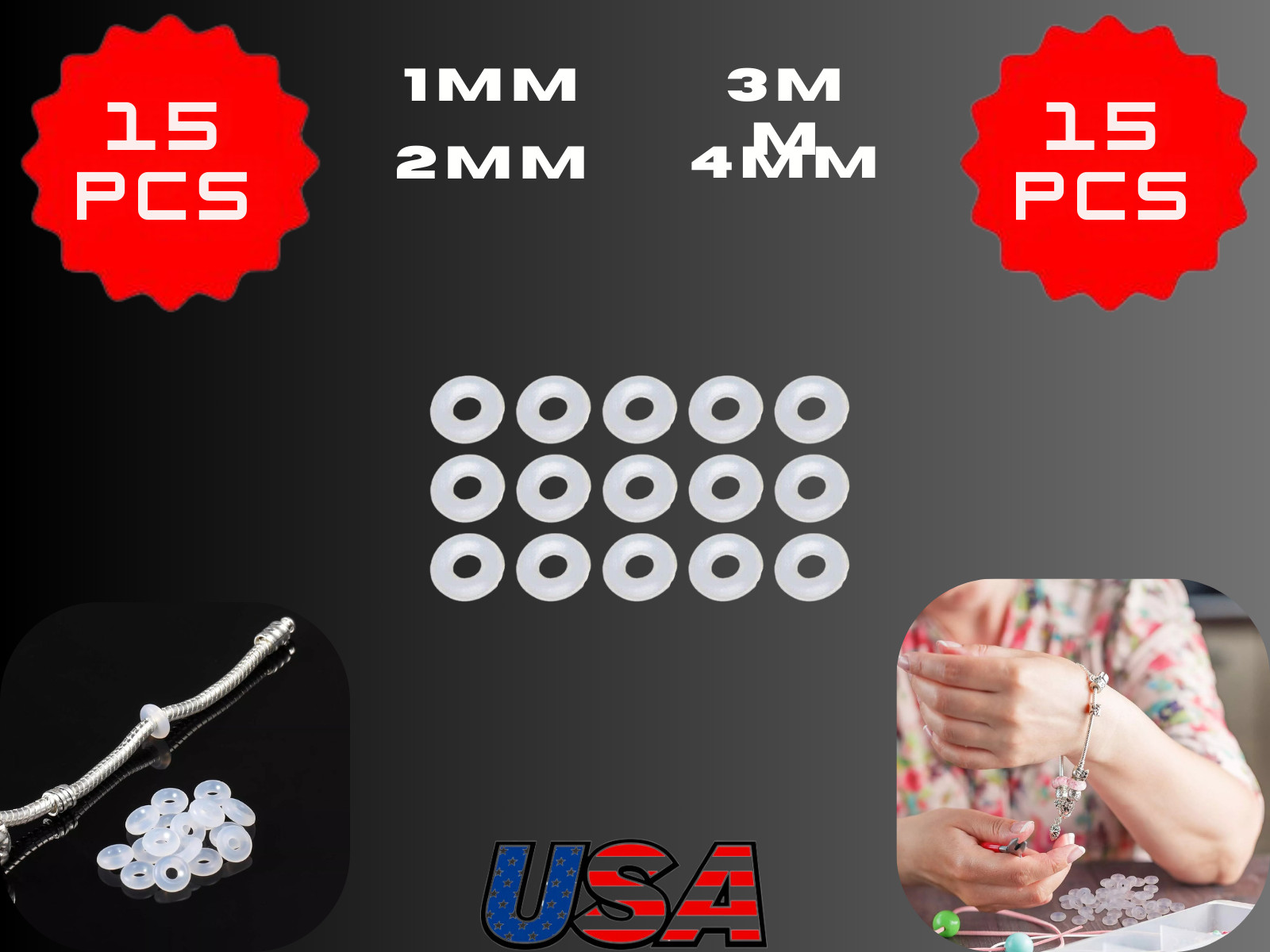 15 PCS Silicone Rubber Stopper Rings Spacer Beads for Bracelet 1mm 2mm 3mm 4mm