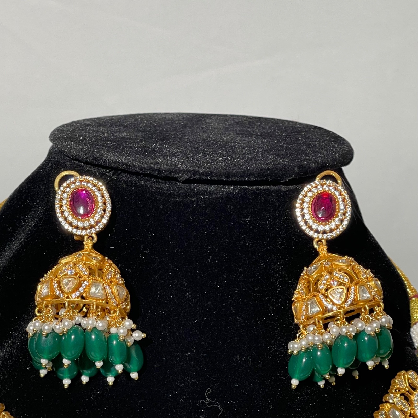 Kundan Polki Bridal Necklace Set: Red Ruby Emerald CZ Pearl Jhumka Earrings