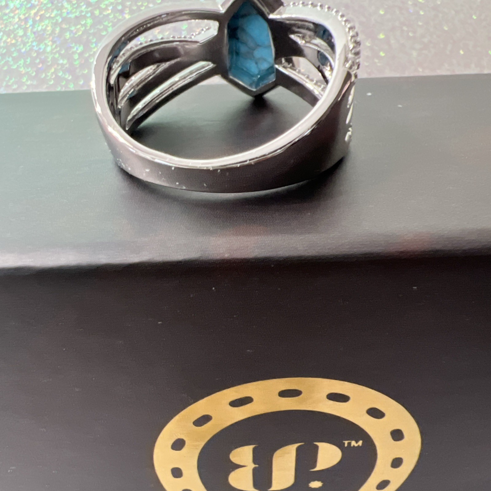 Bomb Party Outlaw Ring size 9 “Sparkling Saddle “ Turquoise Magnesite Rhodium