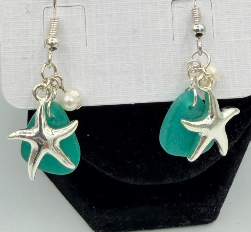 Sea Glass Wire Hook Earrings Nickel Free Silver Rhodium Turtle Starfish Pearl