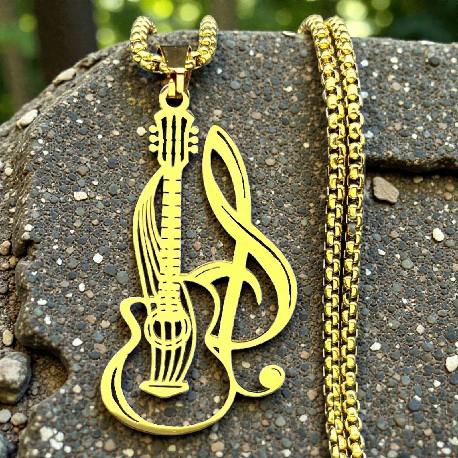 Guitar Necklace Gold PVD 316L Stainless Steel Music Bass Pendant Mens Womens
