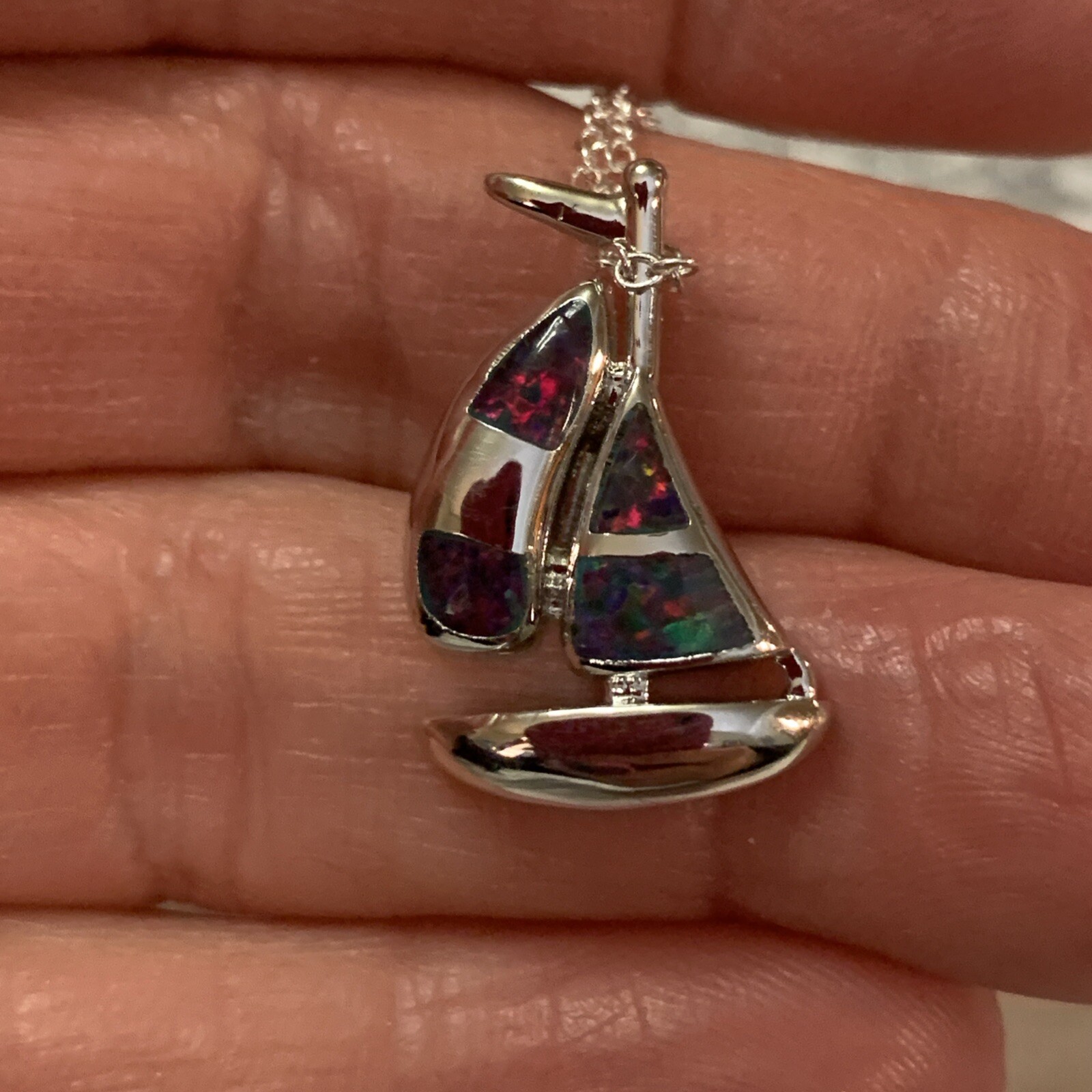 New Sterling 925 Sailboat Pendant With Fire Opal Inlay + New 925 Chain-18 Inches