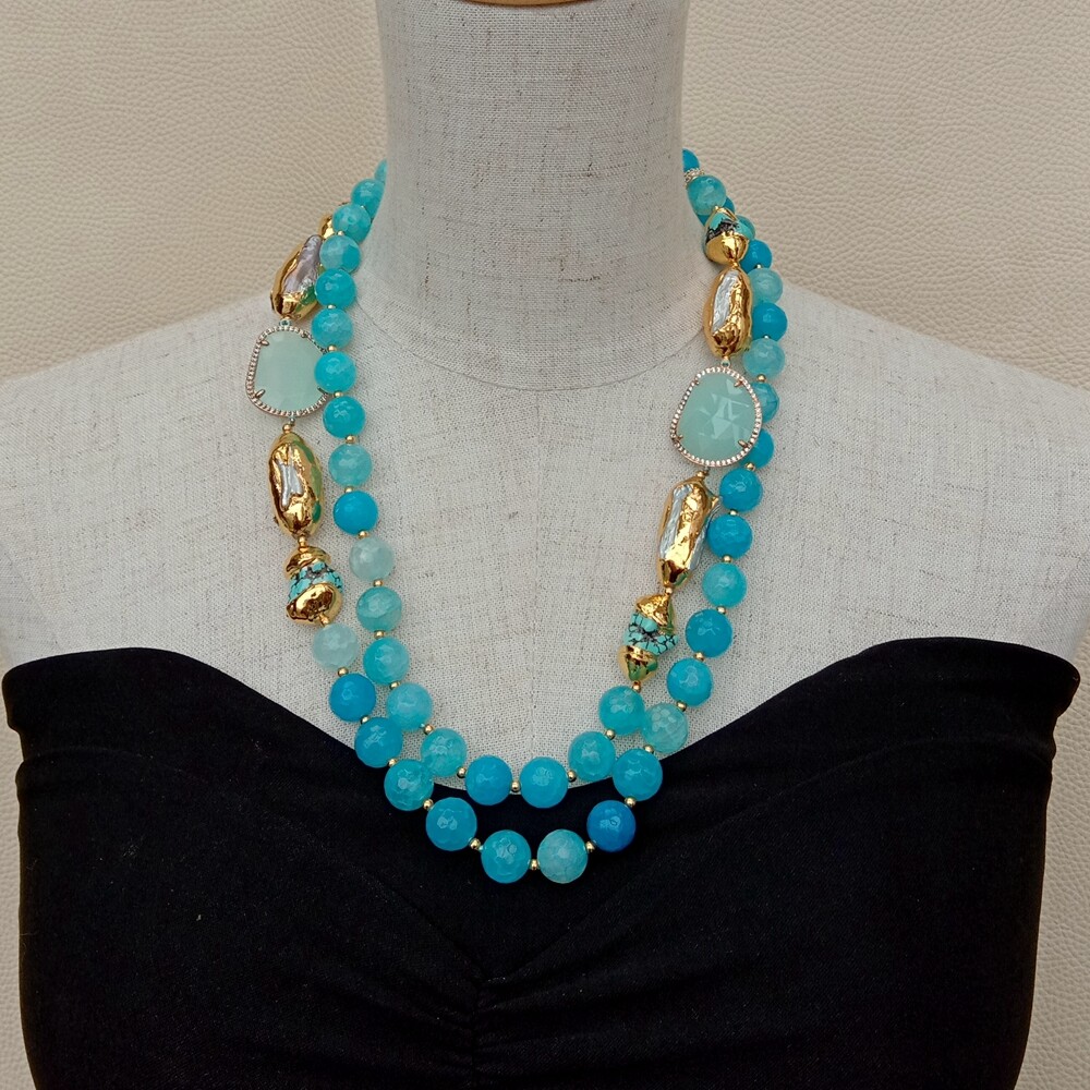 Faceted Agate Turquoise White Biwa Pearl Crystal Necklace Fashion Women Jewelry