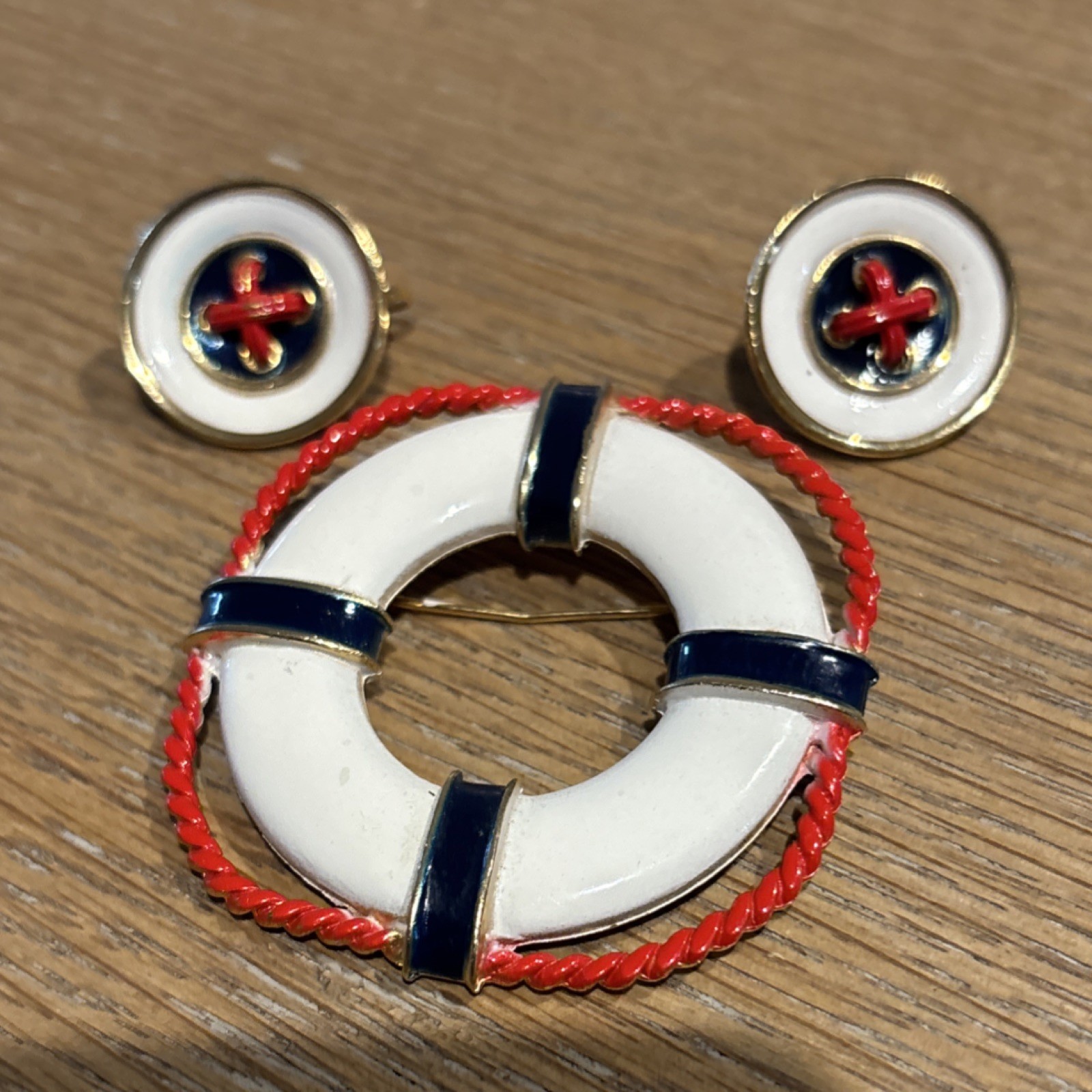 Nautical Enamel Brooch Pin and Earrings White Red Blue Gold Round Fashion