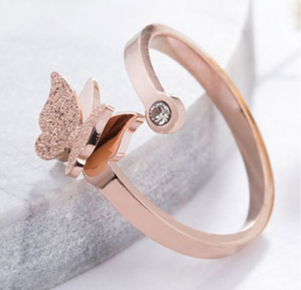 Women / Girl Gold Plated CZ Butterfly Adjust Titanium Stainless Steel Open Ring