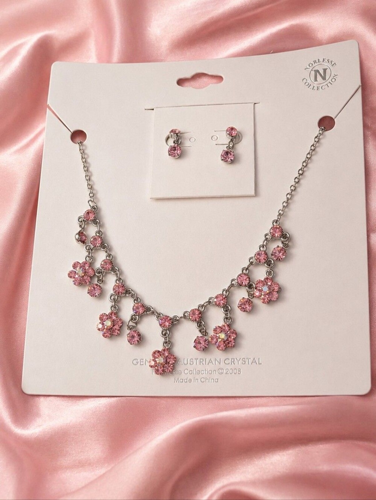 Genuine Austrian Pink Crystal Floral Necklace & Earring Set Noblesse Collection