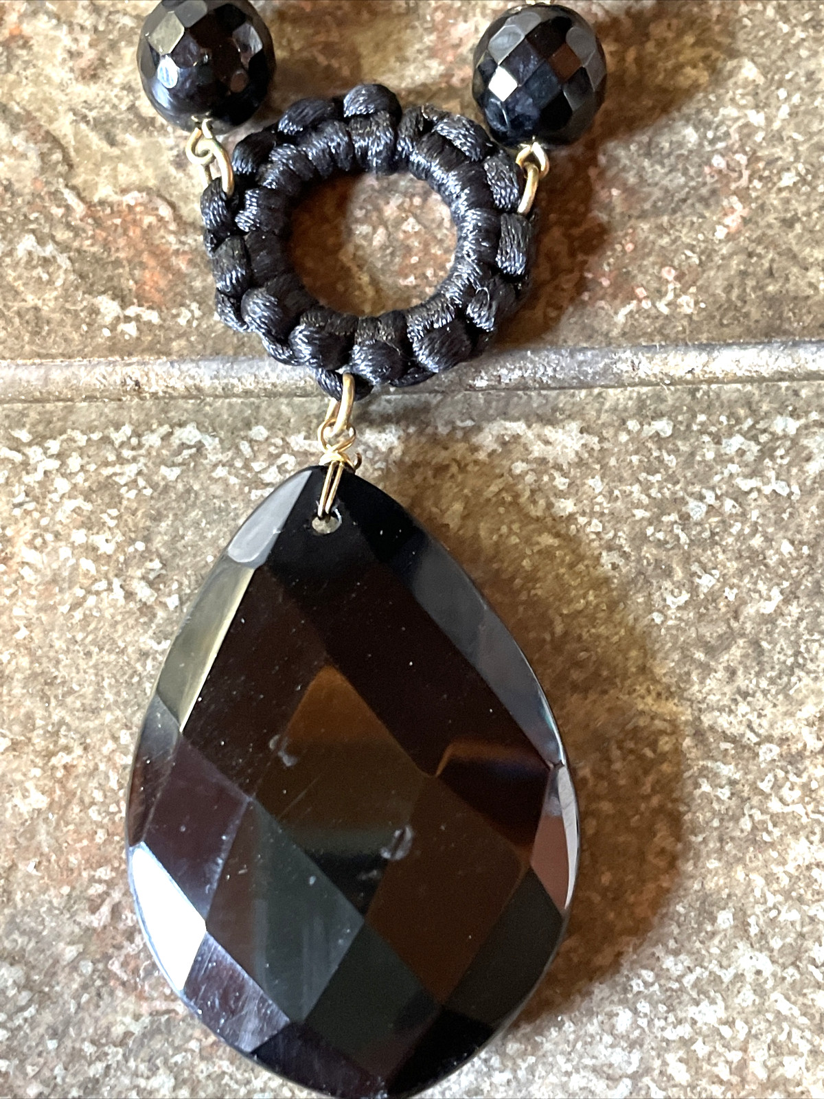 Gold Toned Metal w/Black & Gold Plastic Beads & Fabric Rings Necklace