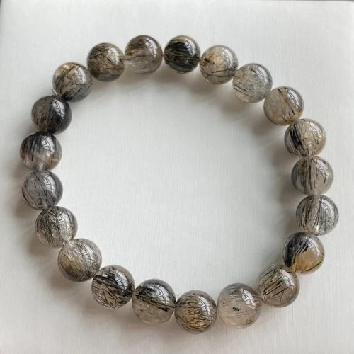 9.1mm Natural Black Rutilated Quartz Crystal Beads Bracelet 1997