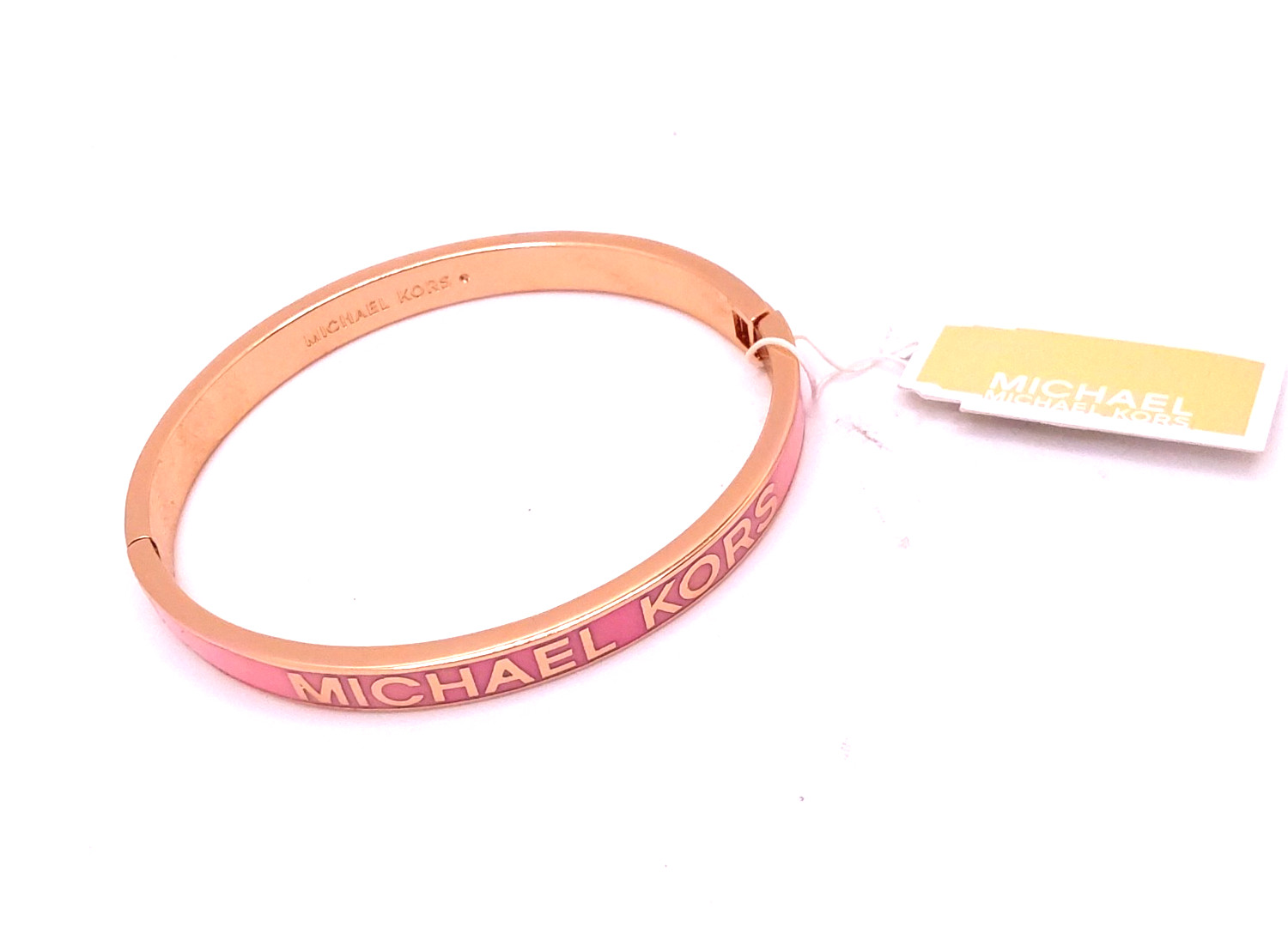 Michael Kors Rose Gold Pink Enamel Inlay Hinged Bangle Bracelet