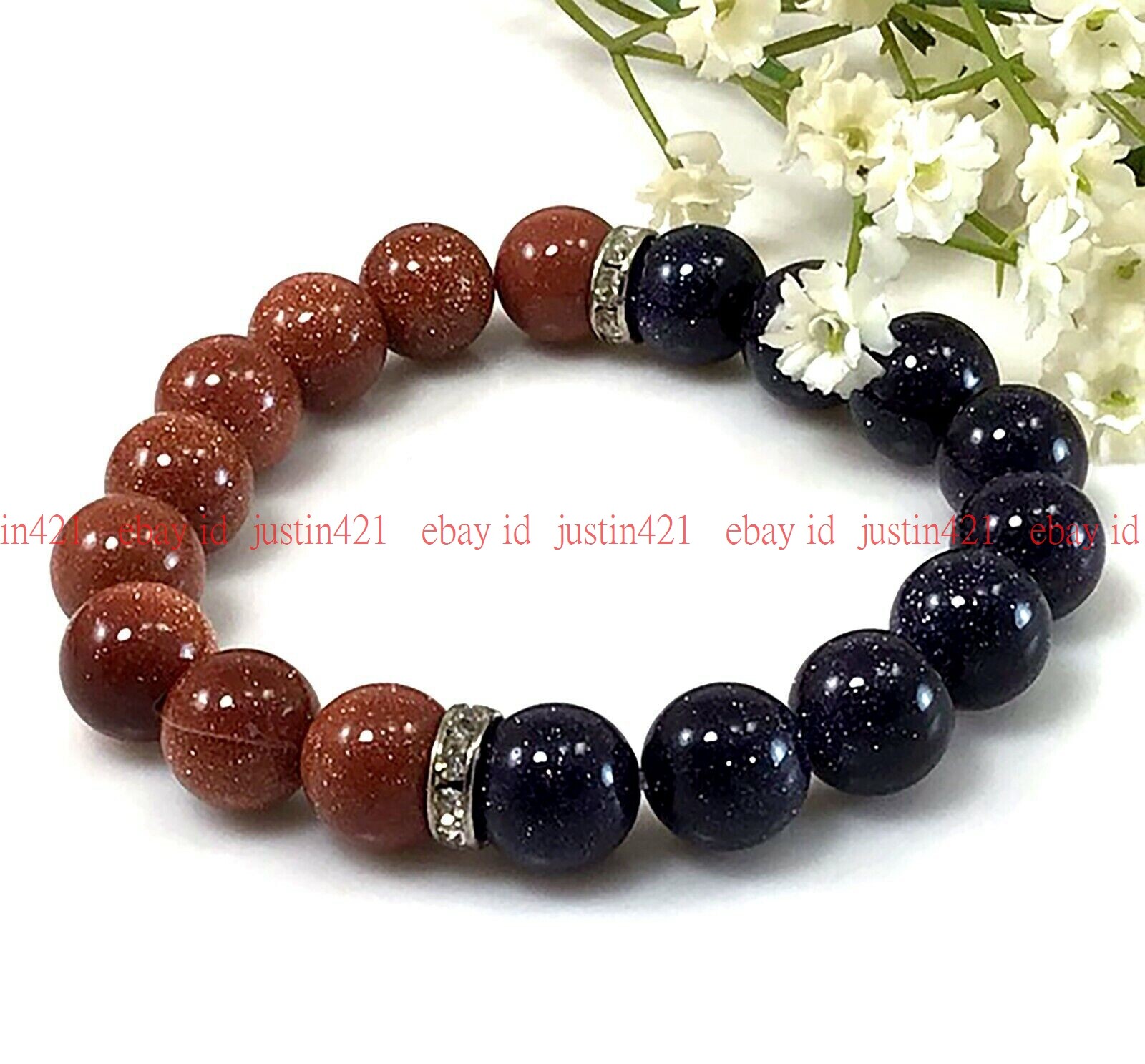 Natural 10mm Pretty Gold & Blue Sandstone Round Gemstone Elastic Bracelet 7.5″