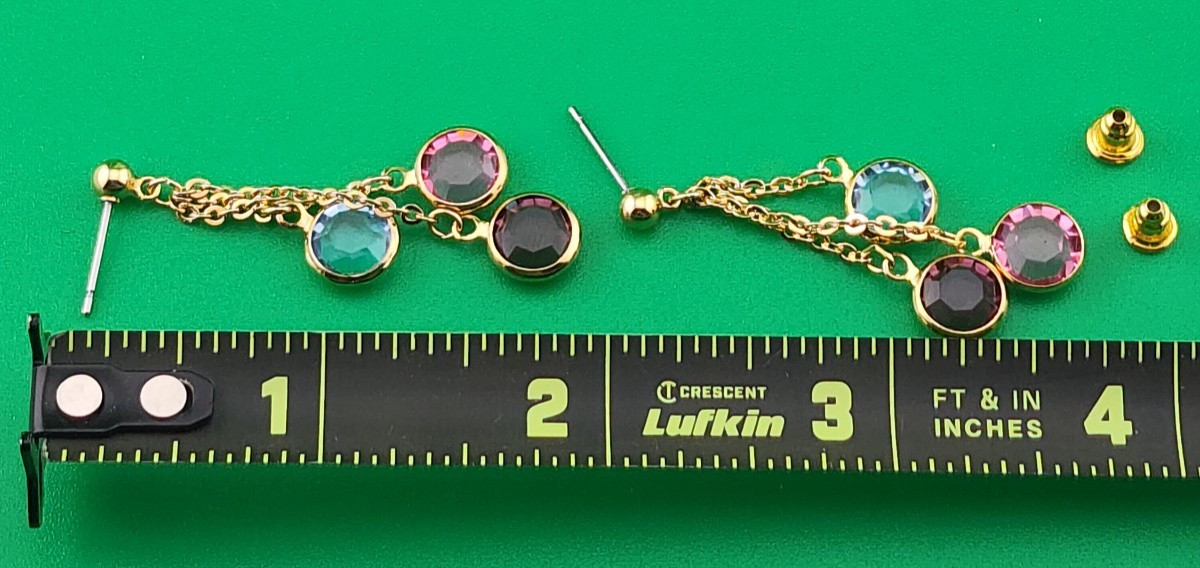 Gold Tone Colored Stone Dangle Drop Post Back Earrings