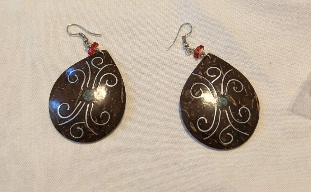 Set of Two Pairs Coconut Shell Earrings Stone and Metal Inlay Handmade