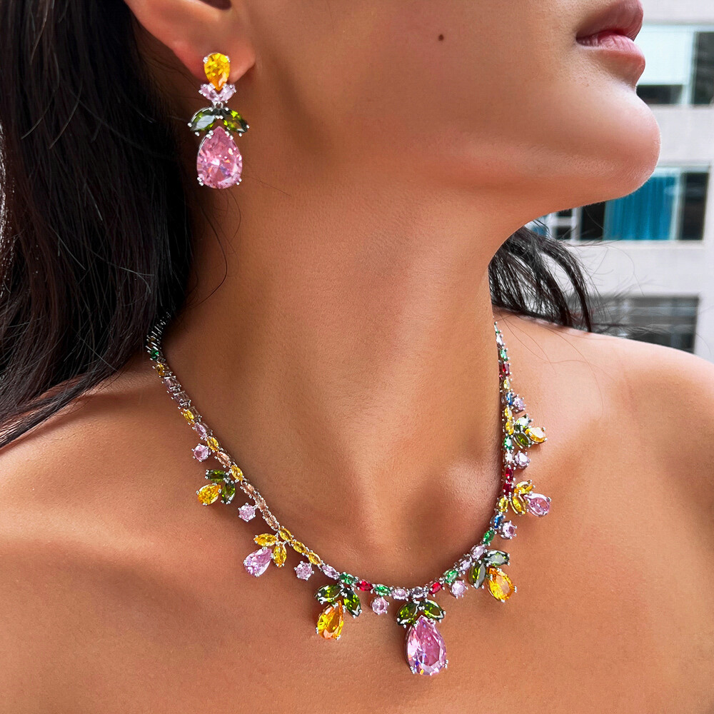 Chic Multicolor Drop Leaf Wedding Necklace Earrings Silver Plated CZ Jewelry Set