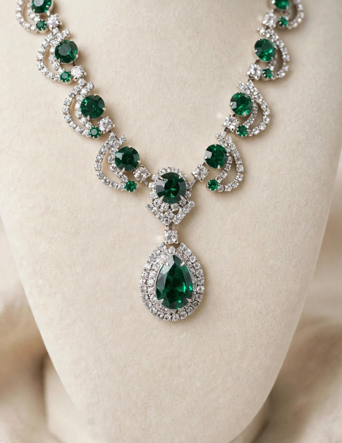 Green Teardrop Crystal Pendant Statement Necklace Silver Tone Metal Chain