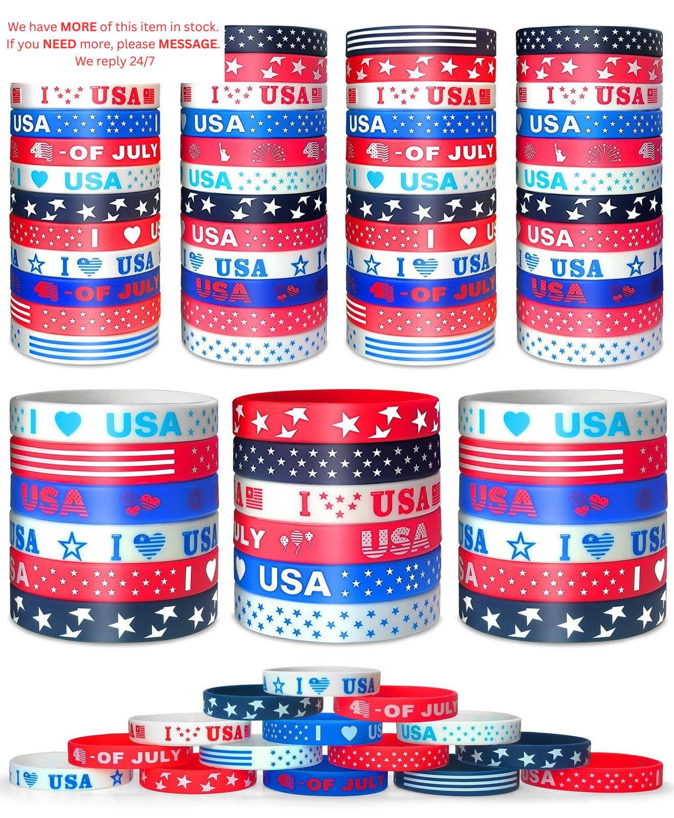 250th Anniversary 48PCS 4th of July Bracelets USA Bracelet One Size, Multicolor