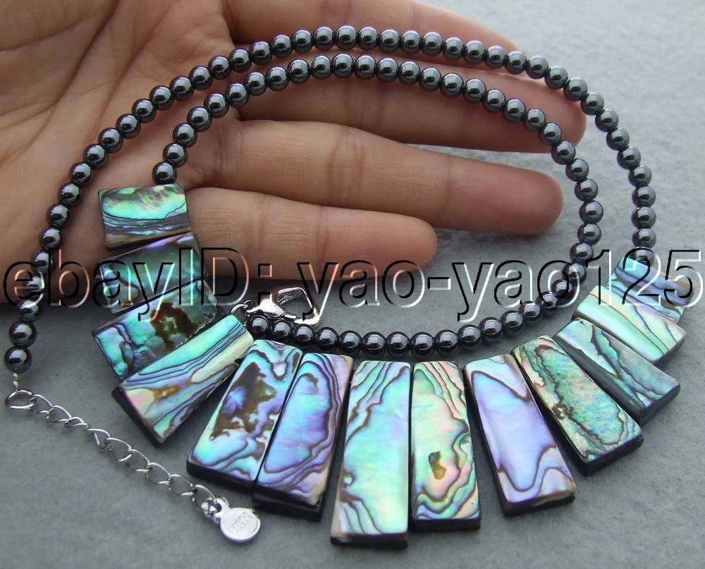 Ntural Paua Abalone Shell Hematite Necklace 18″ free shipping