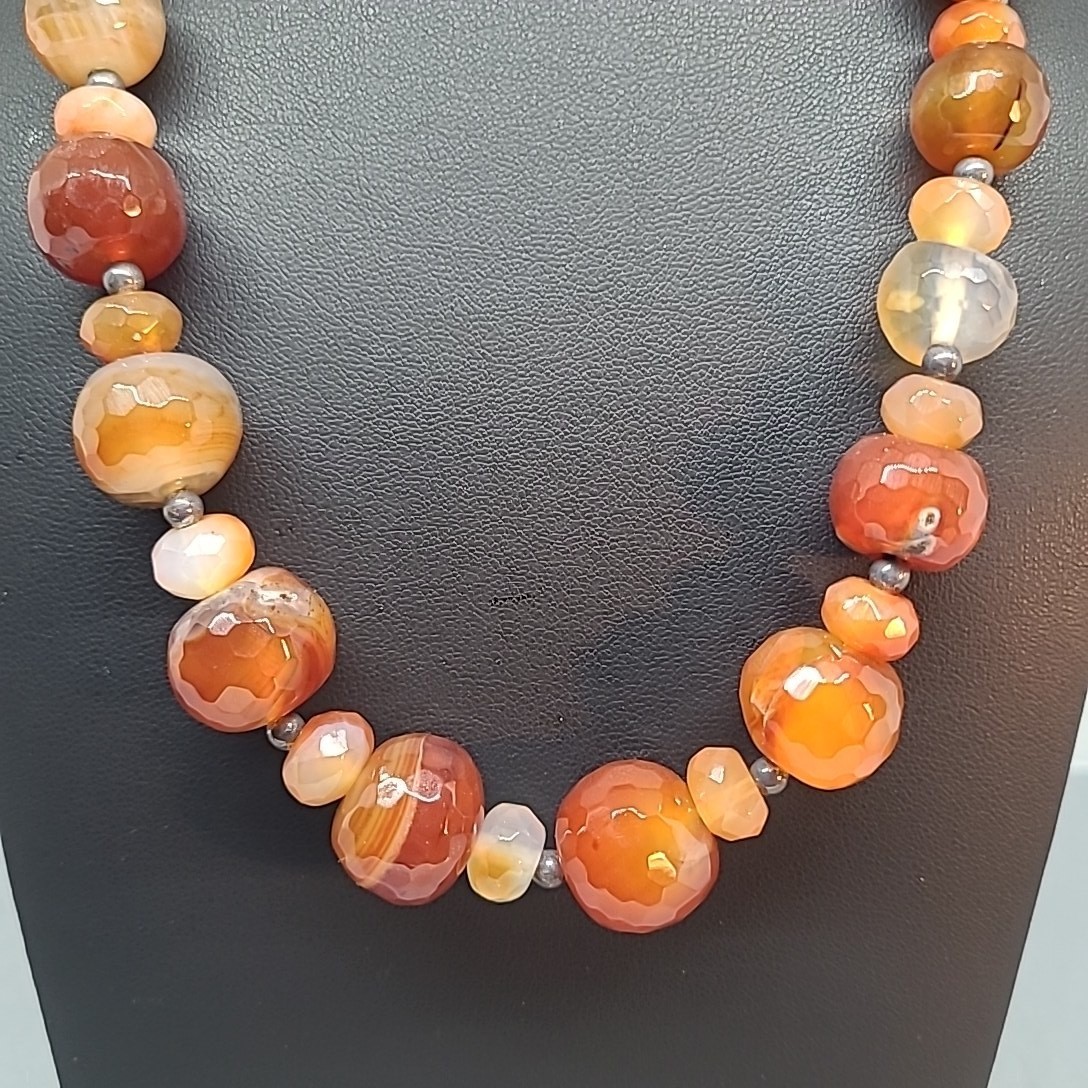 Vintage Carnelian Agate Necklace 925 Orange Sterling Silver Beaded Statement