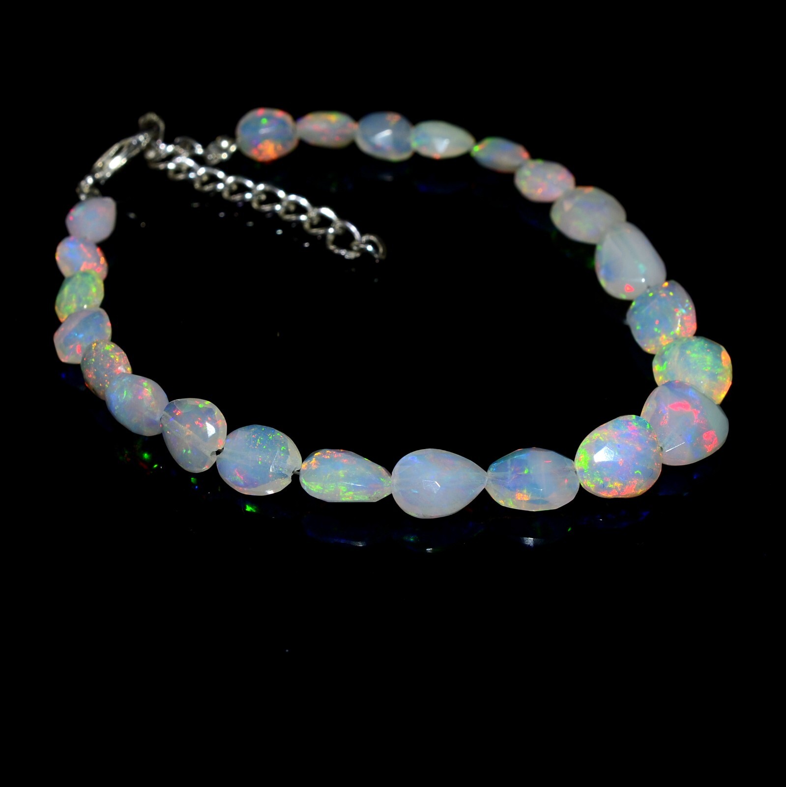 925 Silver Ethiopian Fire Opal Faceted Cut Nugget Beaded Bracelet, Opal Bracelet