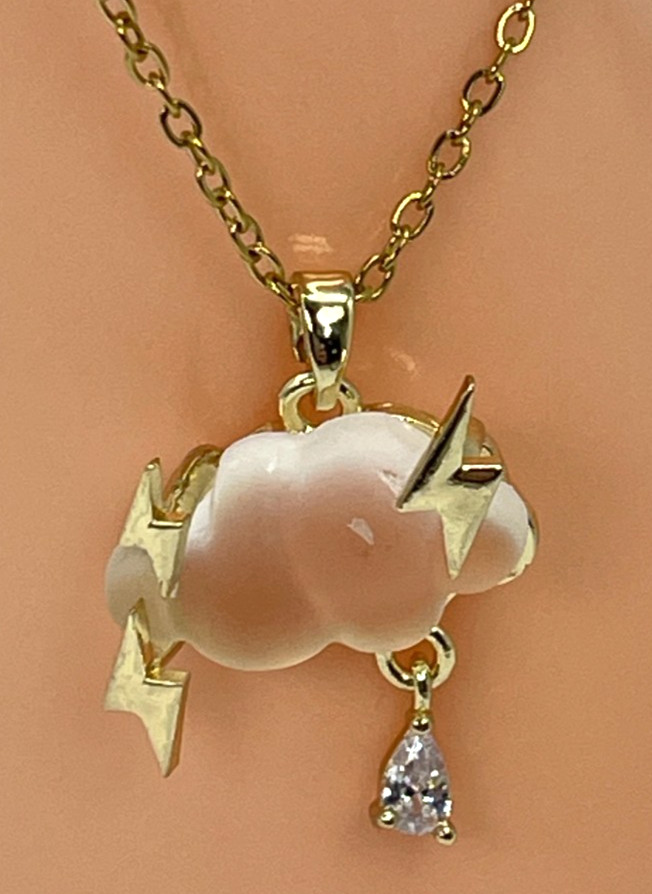 Necklace Iridescent White Cloud w/Gold Tone Lightning Bolts & Zirconia Rain Drop