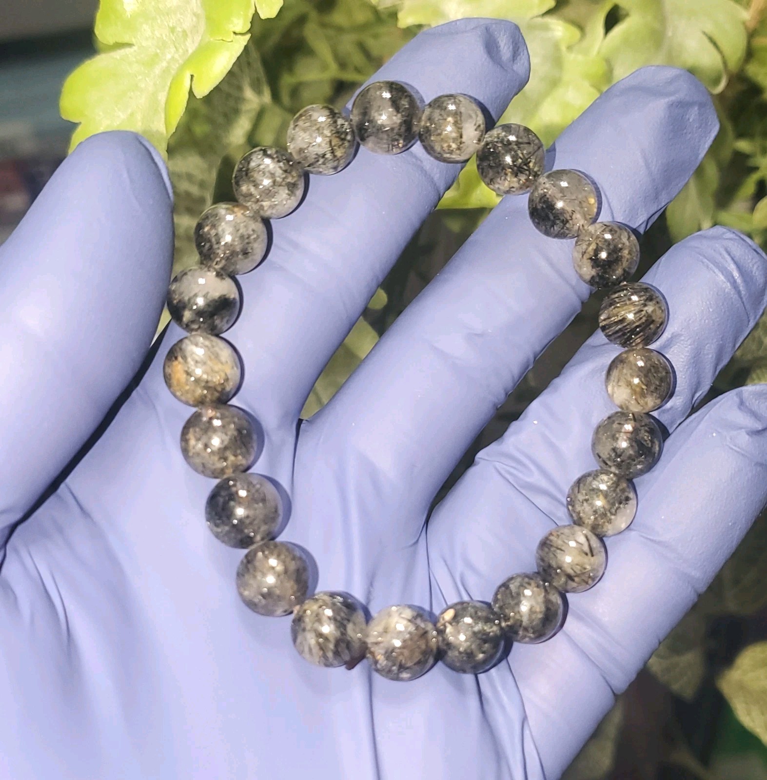 Black Rutilated Quartz Round Beads bracelet 8.6mm