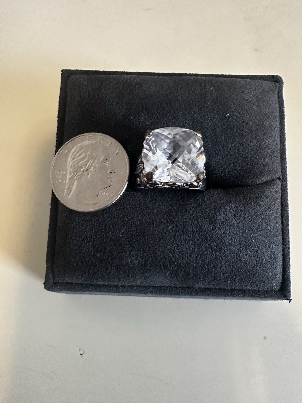 Silver Cocktail Ring with Large Clear Cushion Glass Stone and Ornate Band