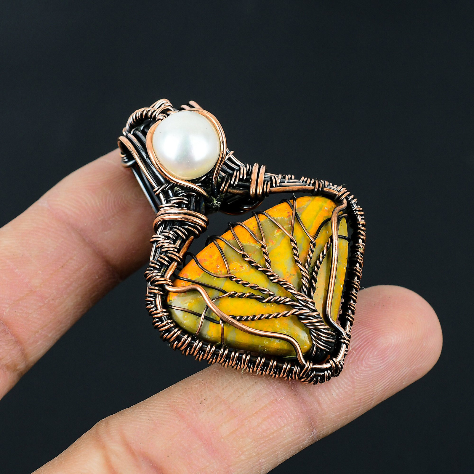 Tree of LIfe Bumble Bee Jasper Gemstone Copper Wire Wrapped Pendant Jewelry L209