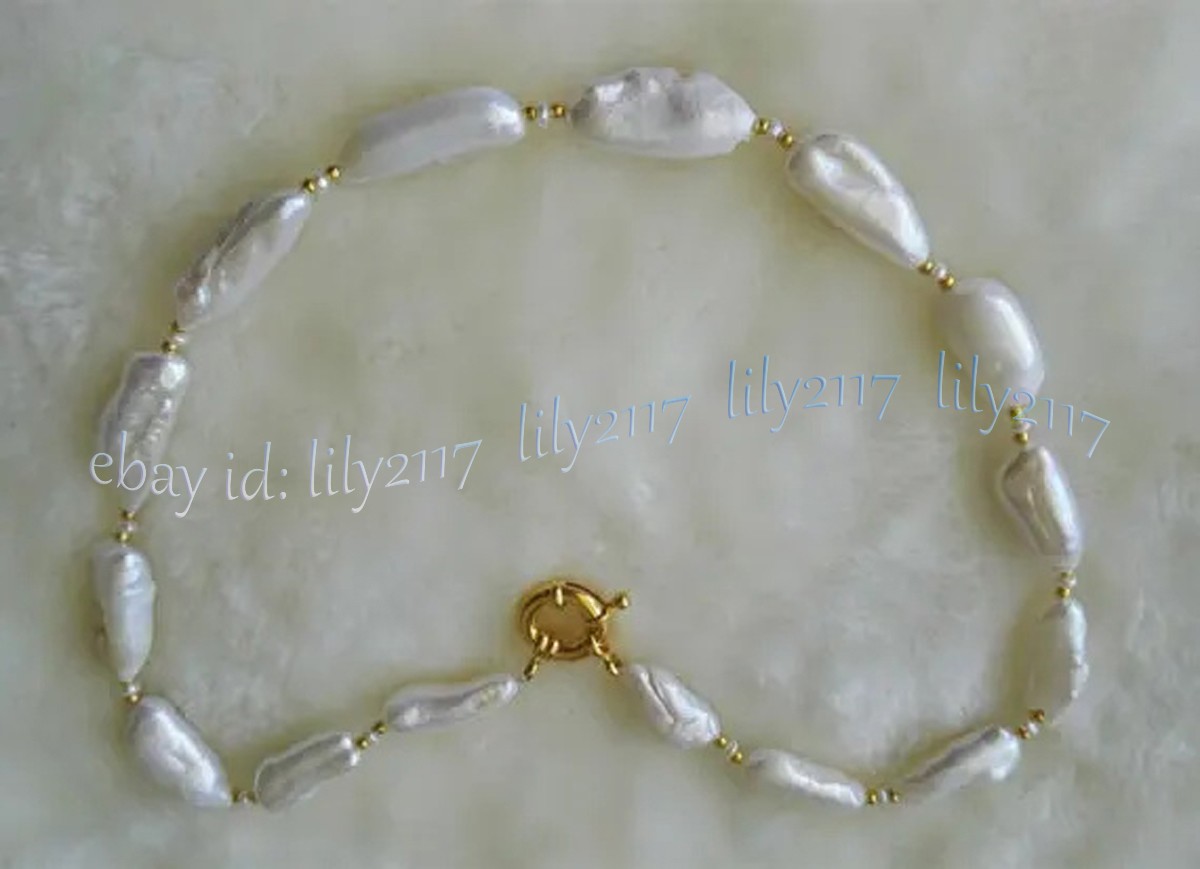 Unique 9x22mm Real Natural White Freshwater Baroque Biwa Peal Necklace 14-36inch