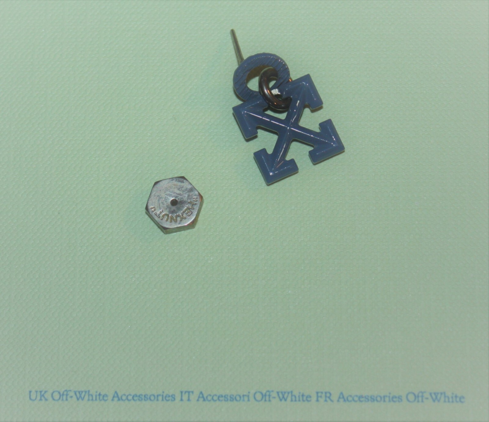 Auth. OFF-WHITE Virgil Abloh Blue Varnished Arrow Hex nut Singular Earring $210!