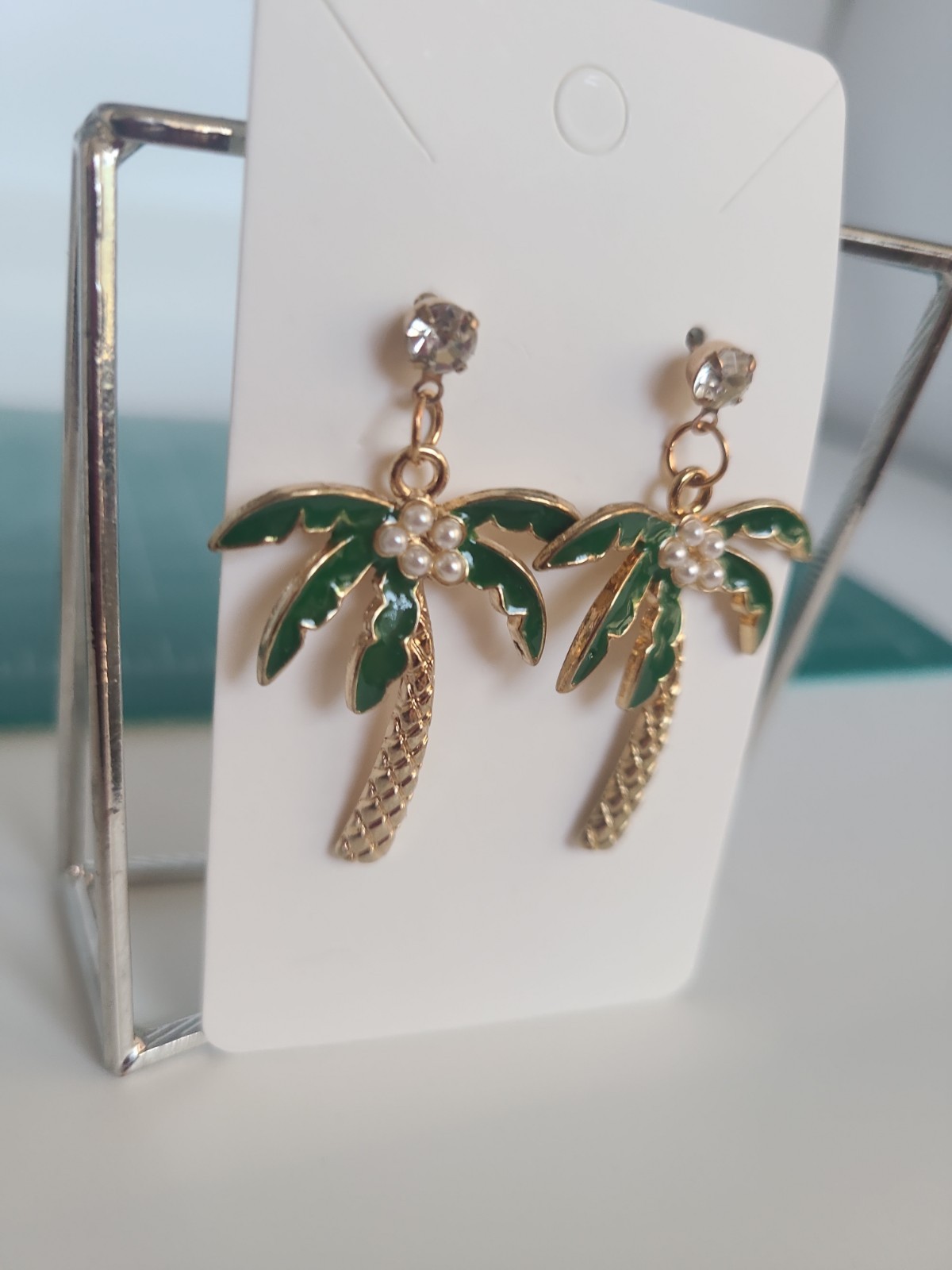 Palm Tree Earrings Petite Pearls And Crystals Goldtone Green Enamel Pierced
