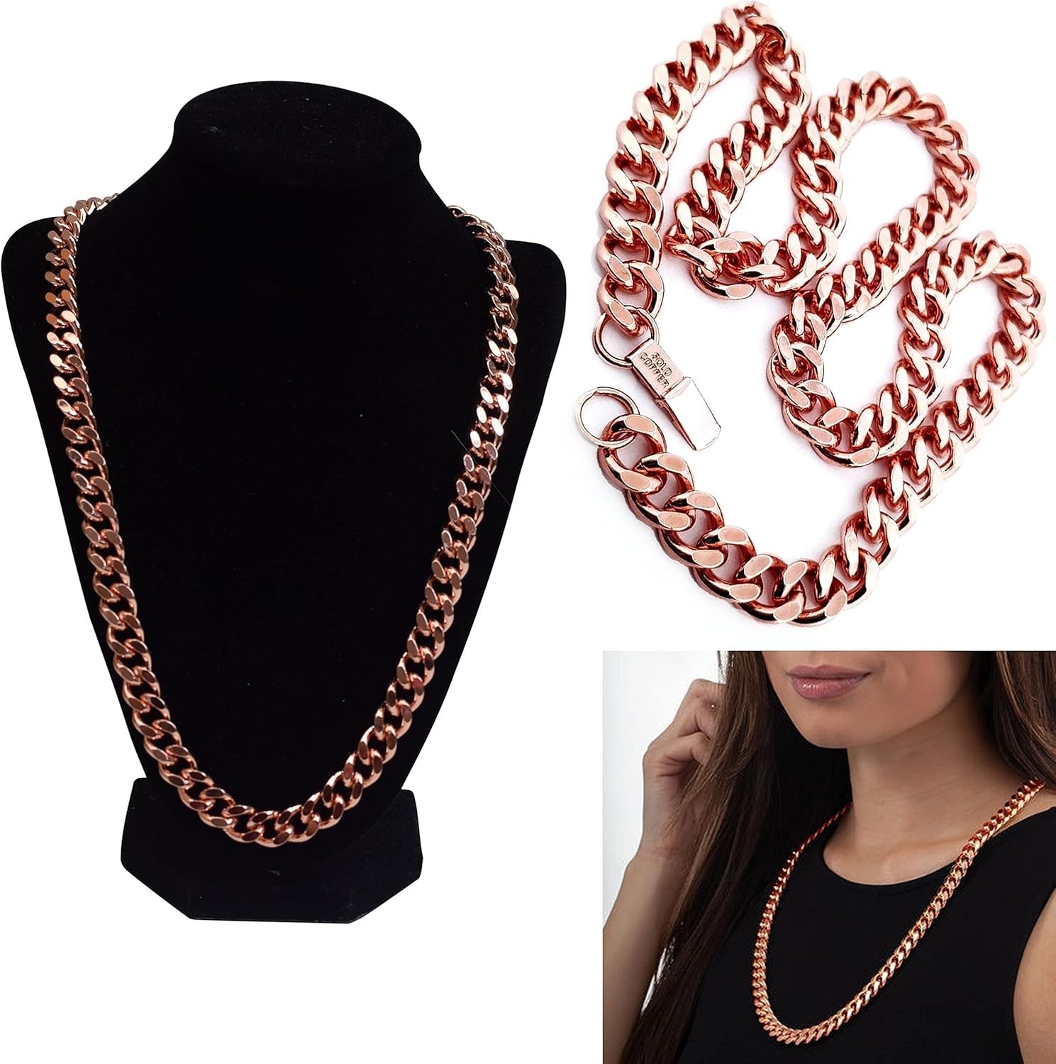 1 Pure Copper Cuban Link Necklace Heavy Solid Statement Jewelry Chain 24″ Unisex