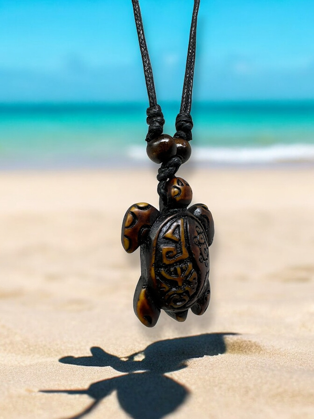 Handmade Turtle Pendant Necklace – Rasta (Hand-Painted), White, Brown – Taino