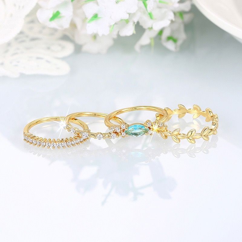 ONE SET 4 PCS Fashion Women 18K Gold Plated Blue CZ Sparkling Leaf Band Ring