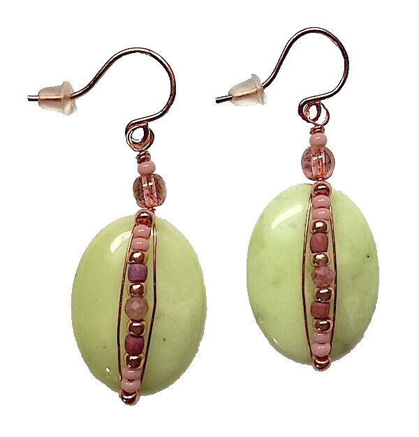 Earrings – Chrysoprase, Copper Wire Wrap, 1.5″, Stone is .75 Inch