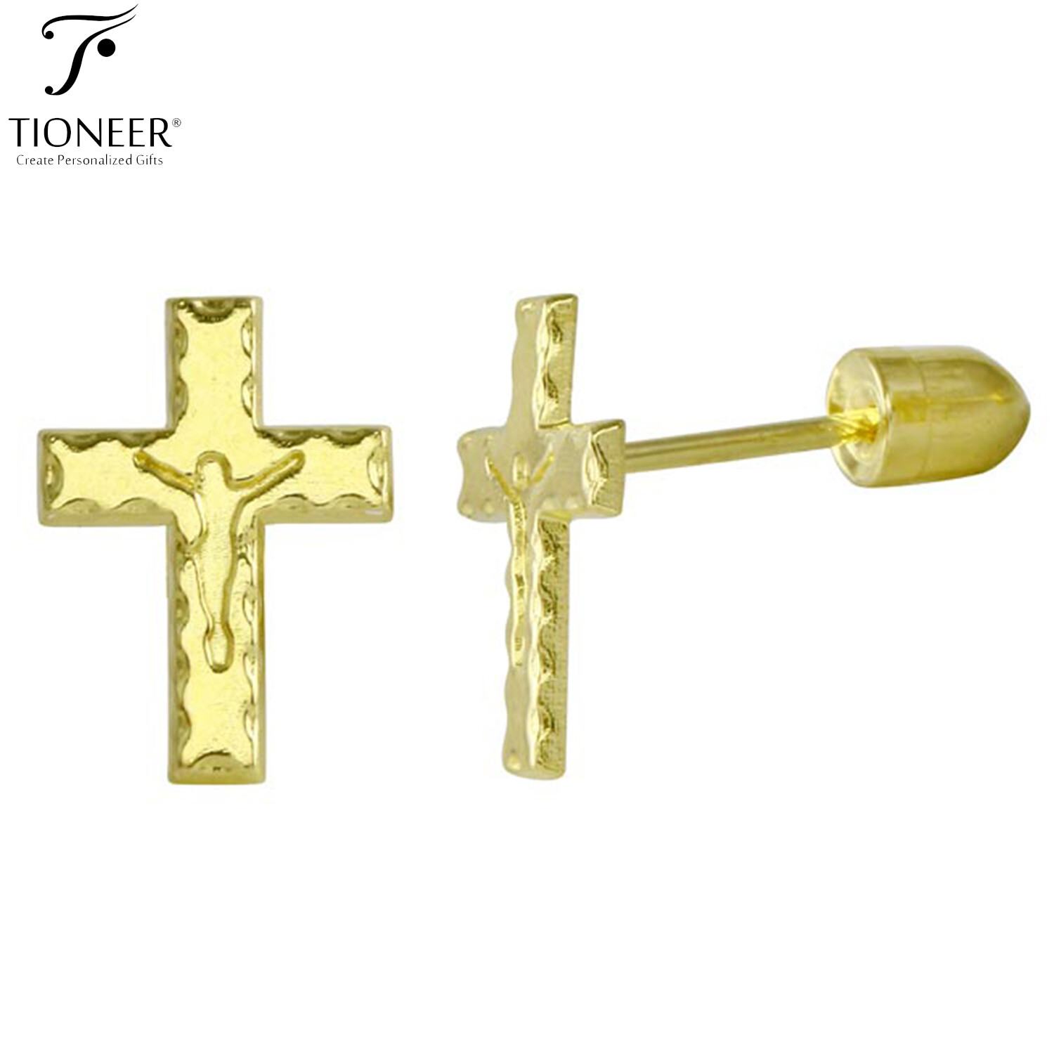 Jesus Cross Solid 14k Gold Religious Catholic Crucifix Screw Back Stud Earrings