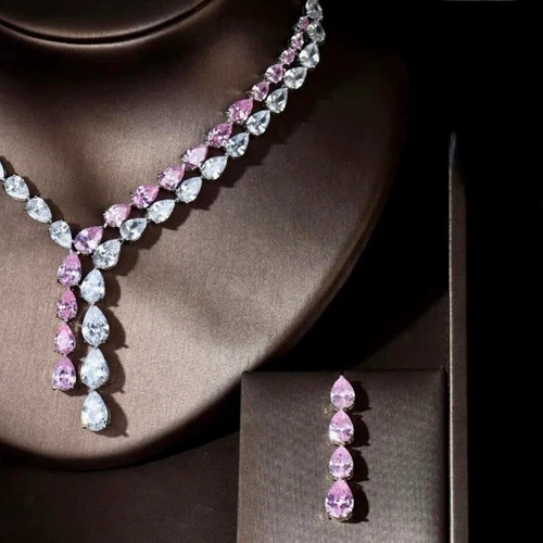 18K White Gold Filled Lab-Created Pink Sapphire Necklace Earring Set Bridal Gift