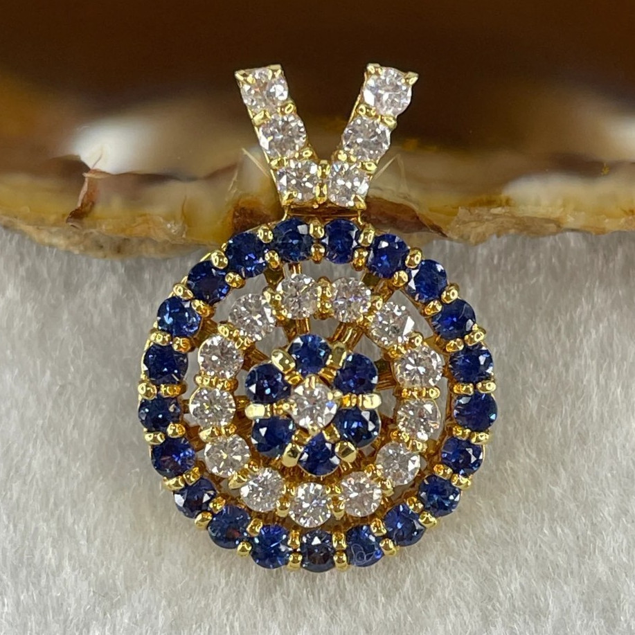 Yellow Gold Round Pendant Blue Sapphire & Simulated Diamond Prong Set