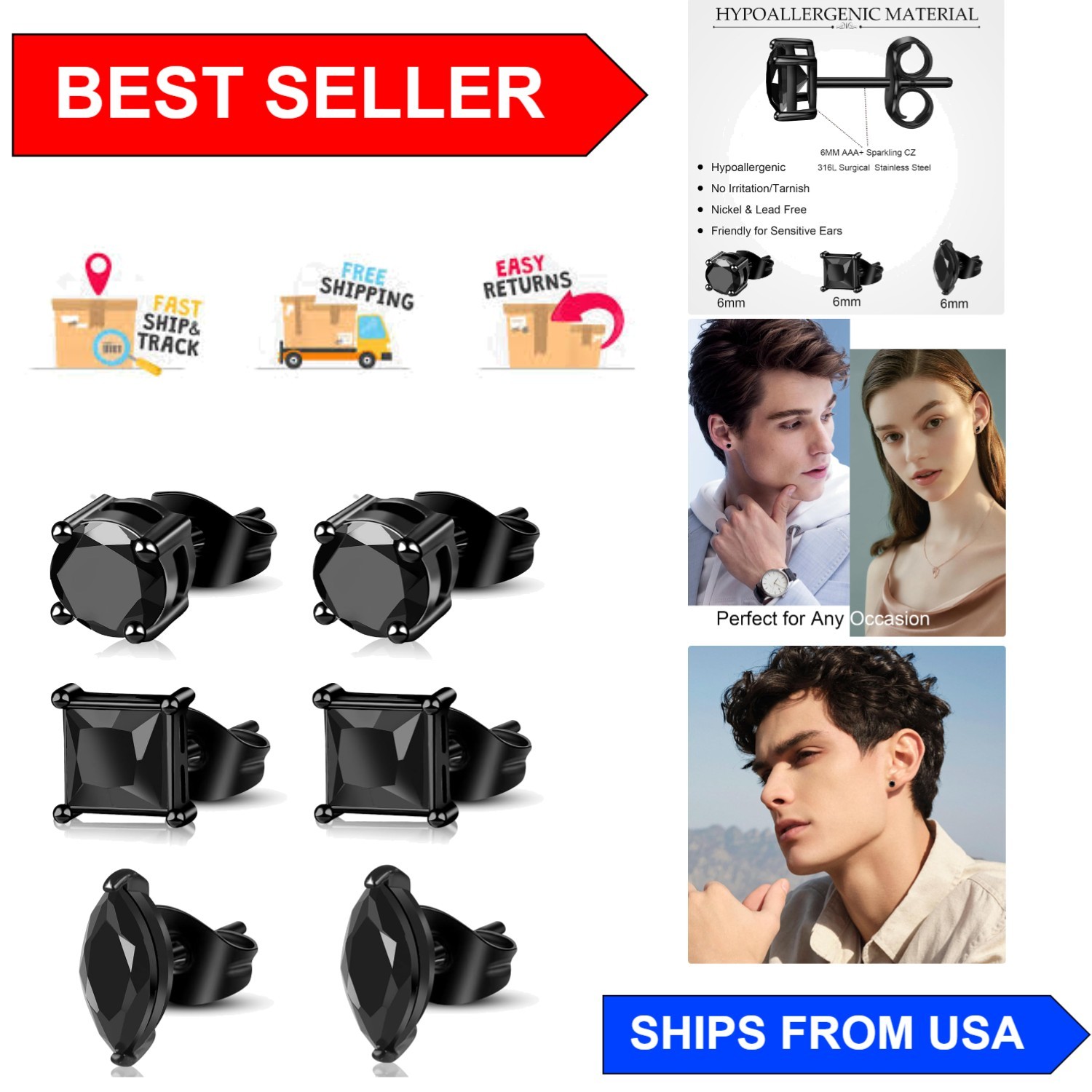 Fashion-Forward 12/18 Pcs Men’s Earrings in Black – Perfect for Every Occasion