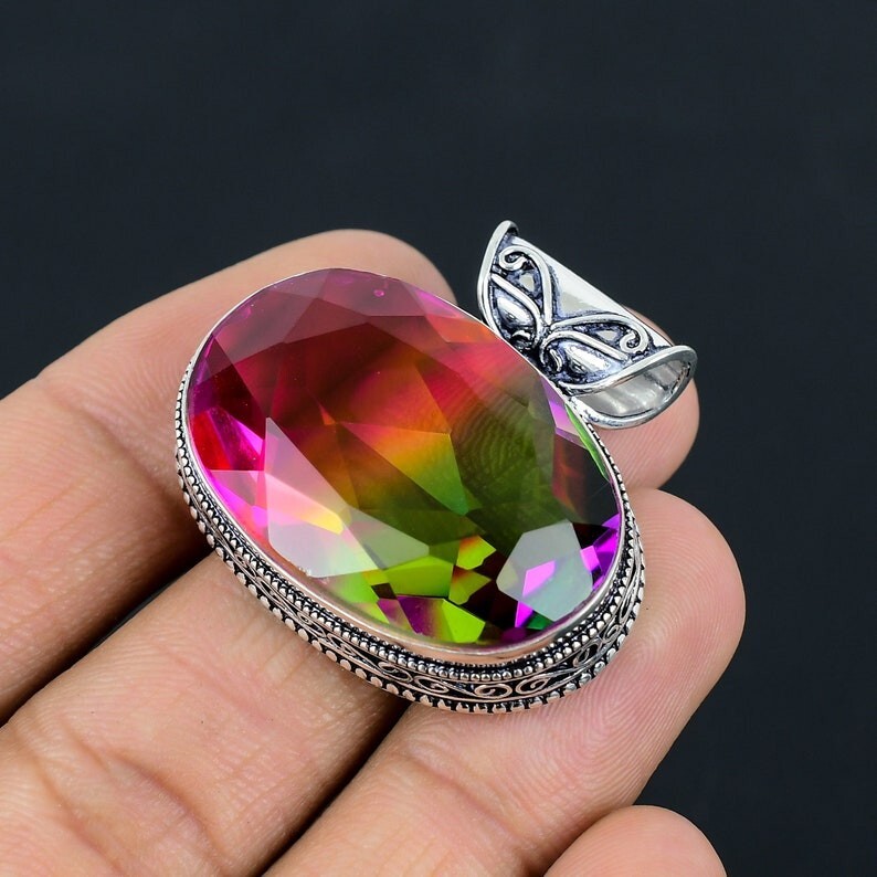 Bi-Color Tourmaline Gemstone Pendant Handmade 925 Sterling Silver Pendant