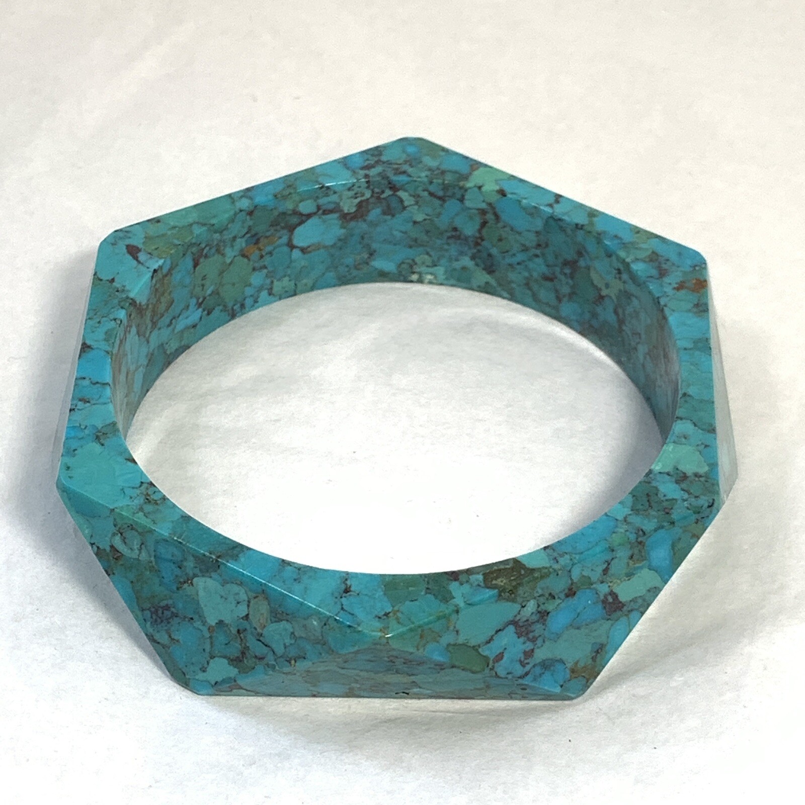 Carved Composite Stone Turquoise Bangle Bracelet Faceted Green Blue 8″