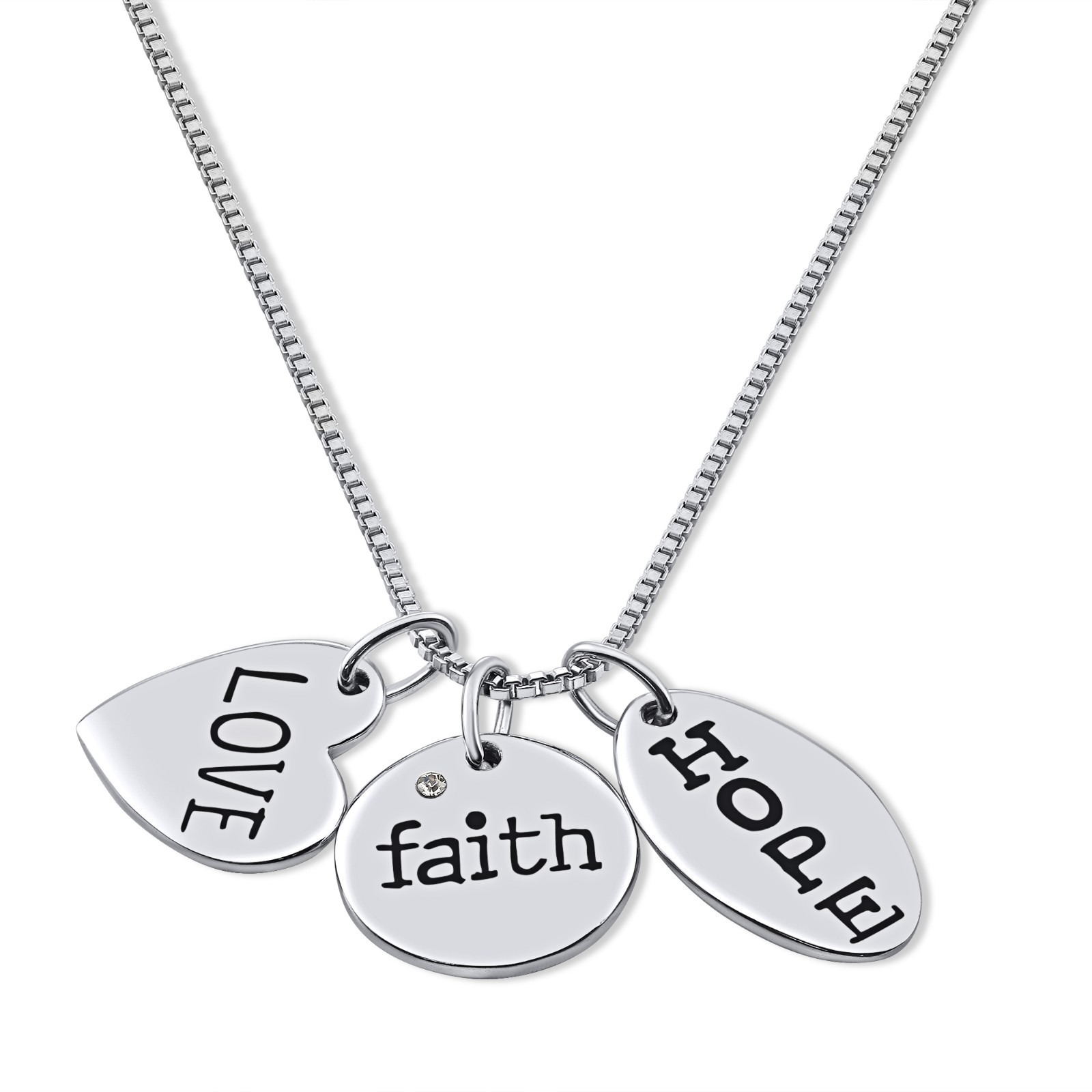 Solid 925 Sterling Silver Love Faith Hope Pendant Charm Necklace 18″ Cable Chain