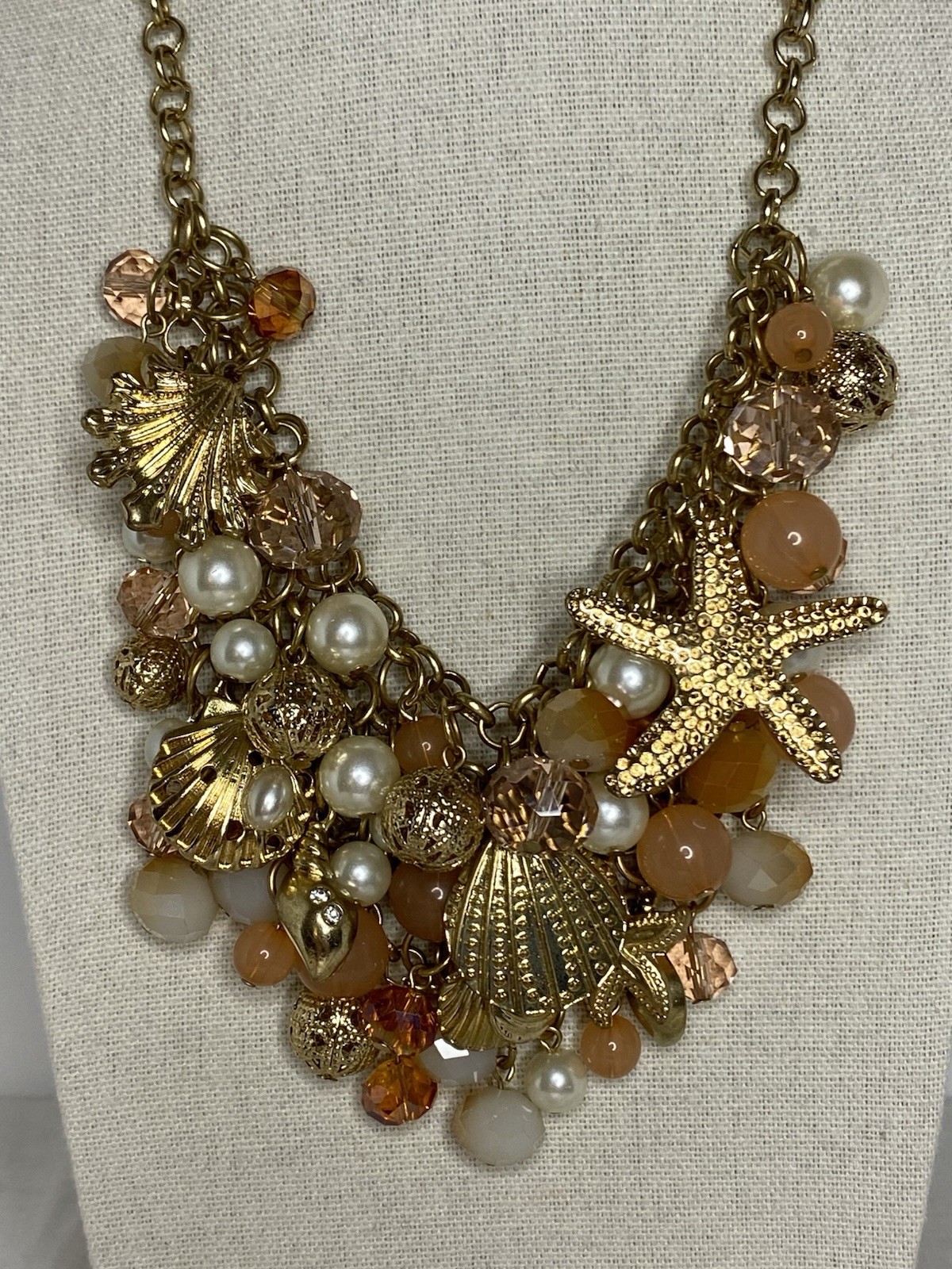Coastal Statement Bib Necklace Shell Starfish Beaded Cha Cha Faux Pearls Charms