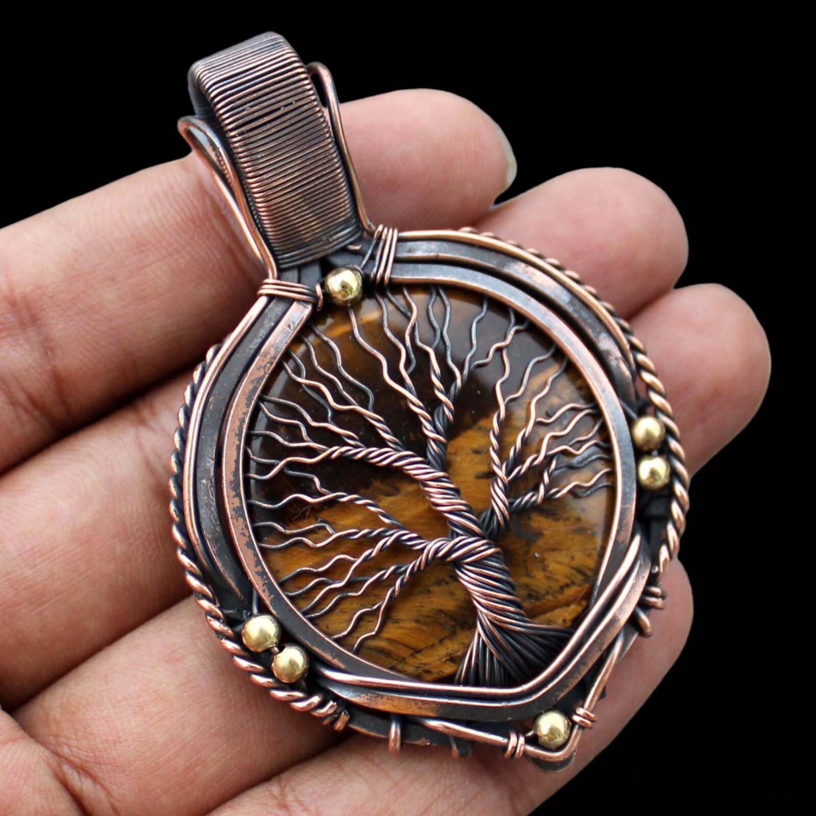 Tree Of Life Tigers Eye Pendant Copper Wire Wrapped Handmade Pendant With Chain