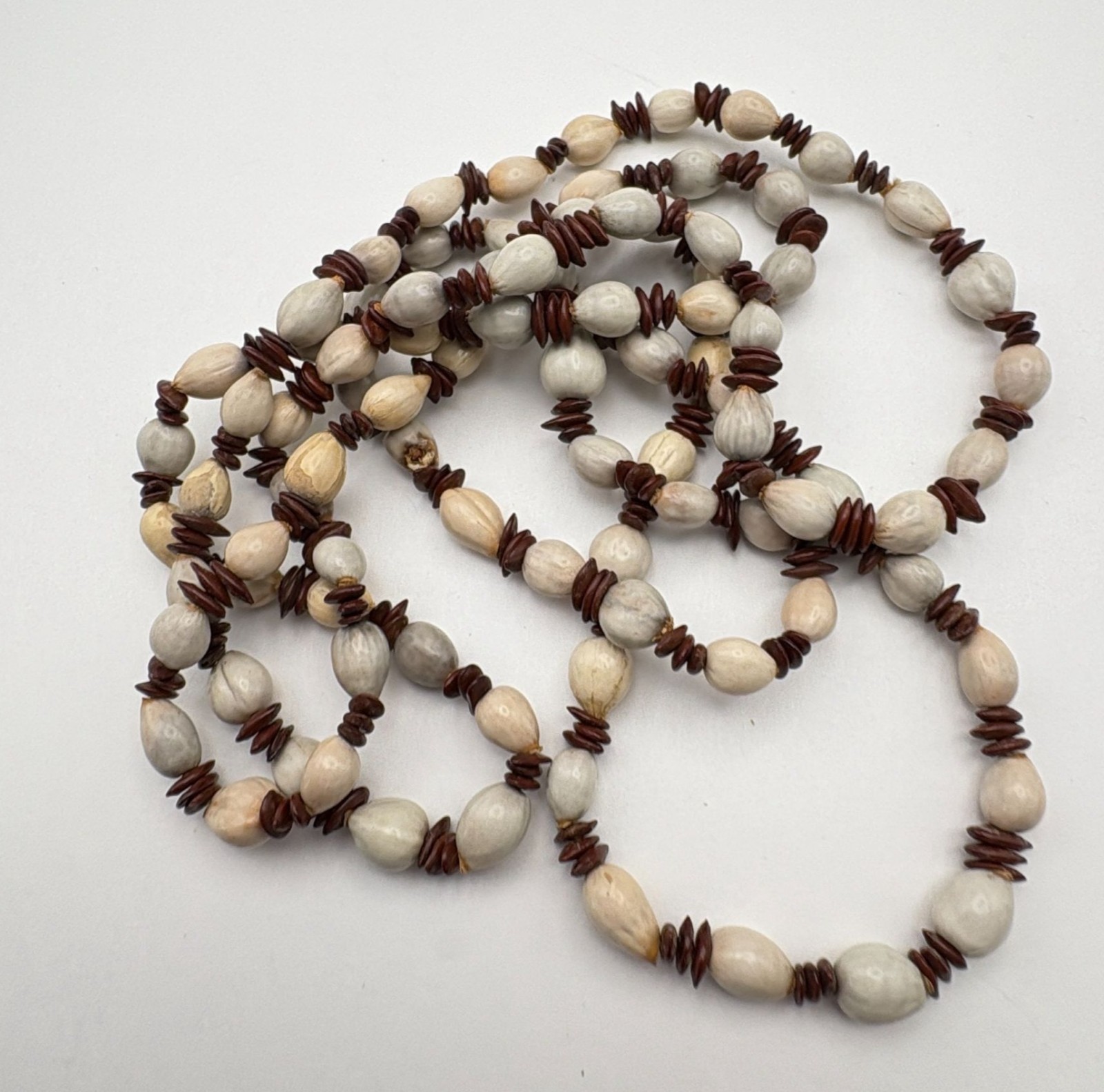 Natural Seed Bead Strand Necklace Brown Cream Long Layering Boho Tribal