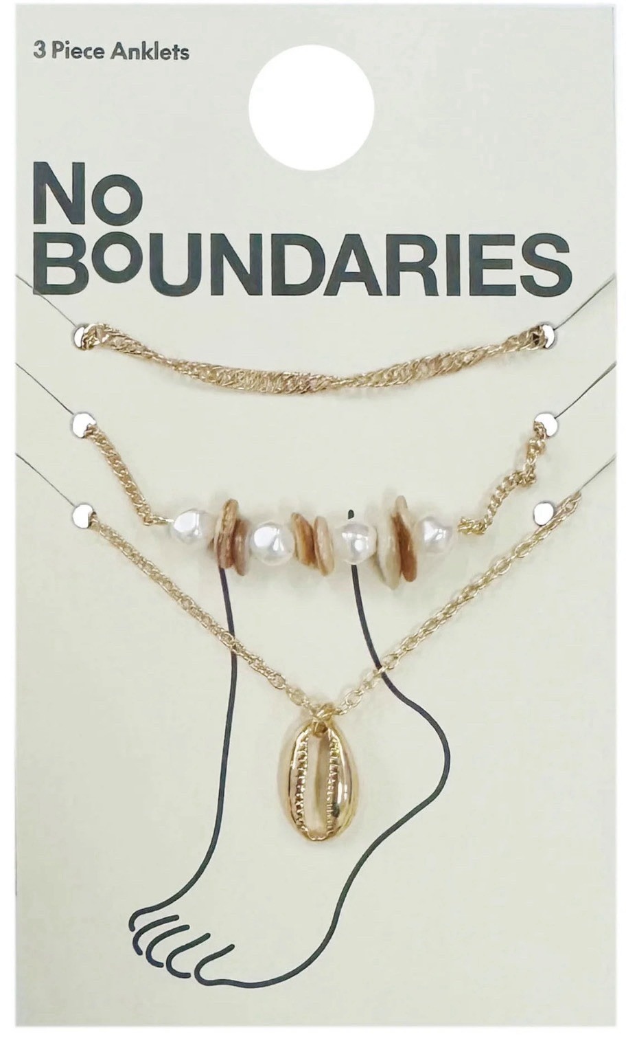 No Boundaries Assorted Gold Plated, Faux Pearls & Shells – Anklets – 3 Pack NIP