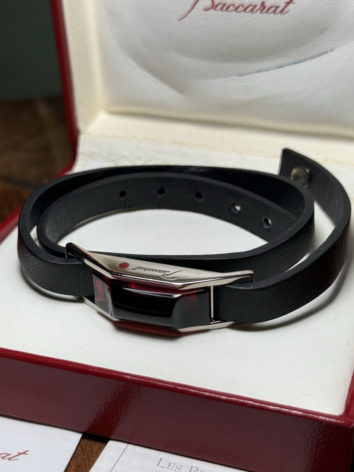 BACCARAT RED CRYSTAL LEATHER CABLE DOUBLE WRAP BRACELET AND S.S .925 / 6.5-7.5”
