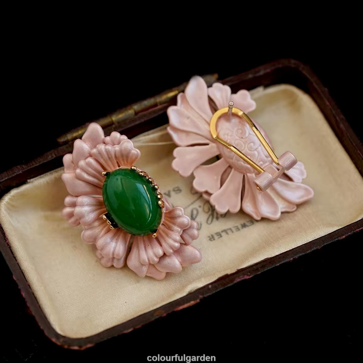 Vintage Pink Natural Stone Enamel Gold plated Flower Style earring for woman