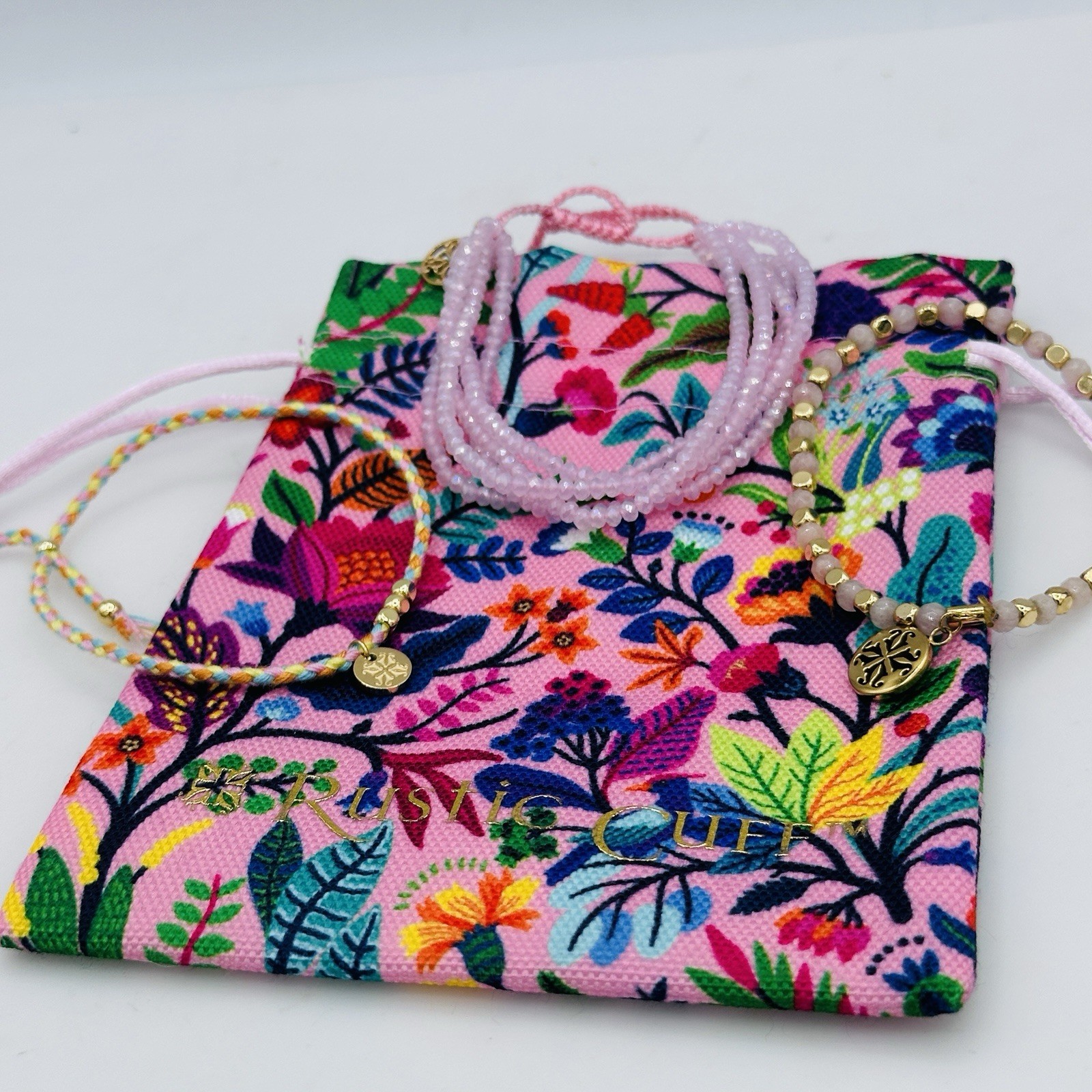 Rustic Cuff Pink Bracelet Stack Set Floral Gift Bag Adjustable