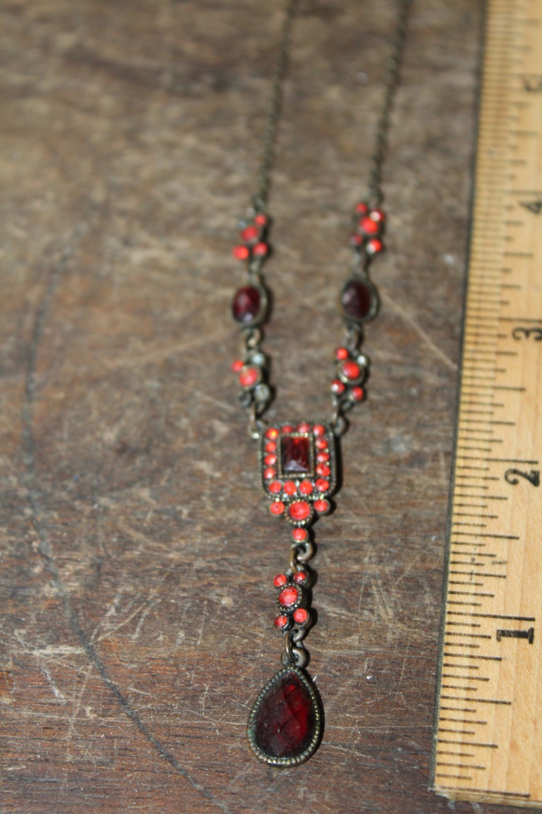 Vintage Aged Brass Finish Red Stones Pendant Necklace Approx 20″